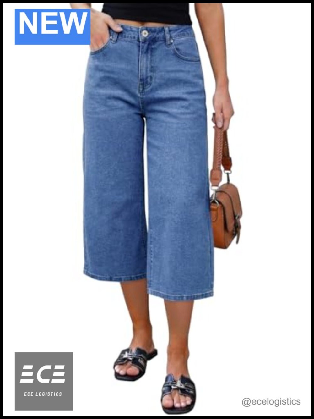 High Waisted Wide Leg Capri Jeans Stretchy Denim Crop